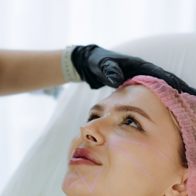 Woman relaxing in a med spa with markings on her face showing where botox will be applied.